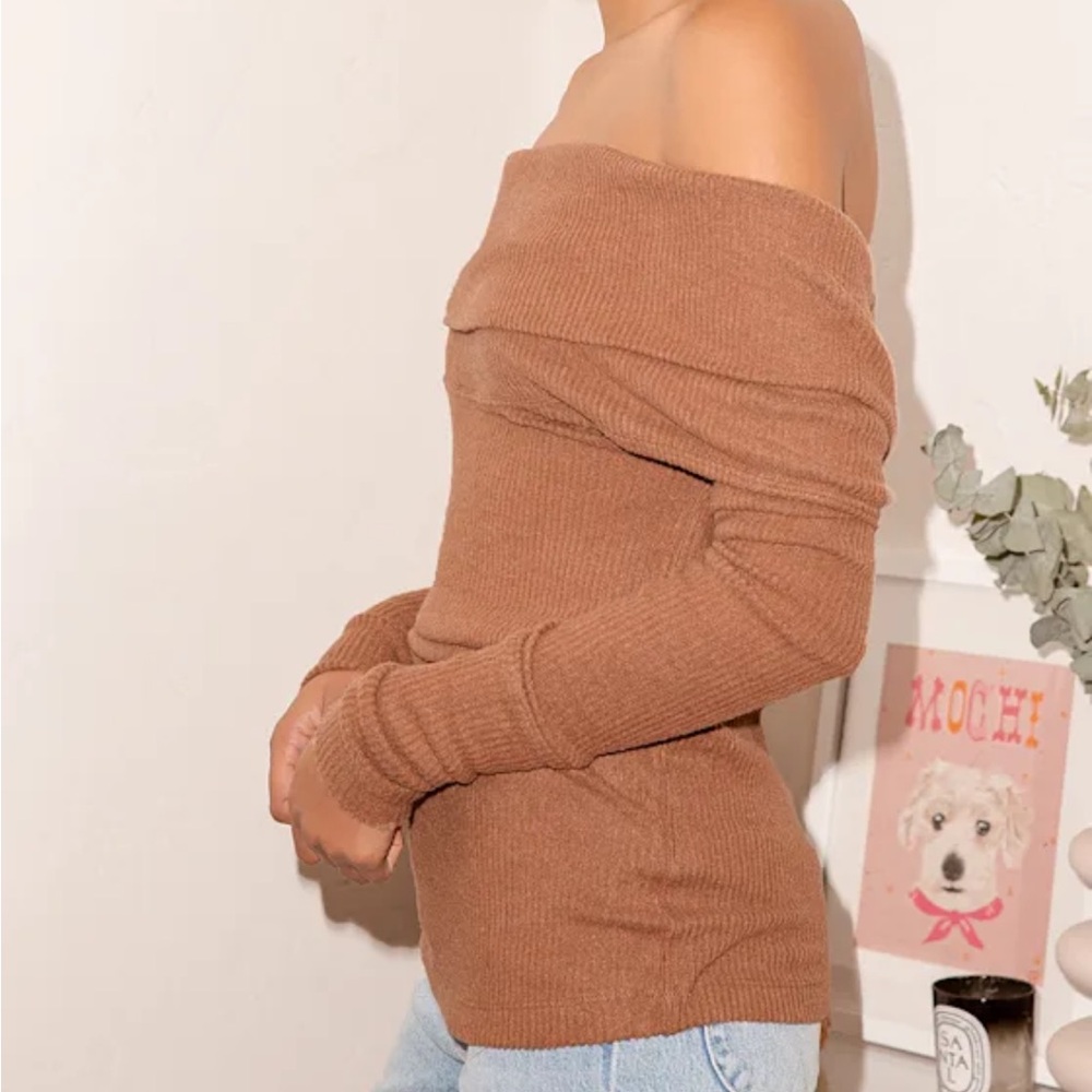 Free People Snowbunny Brown Ribbed Knit Off-the-Shoulder Sweater Top - Picture 4 of 10